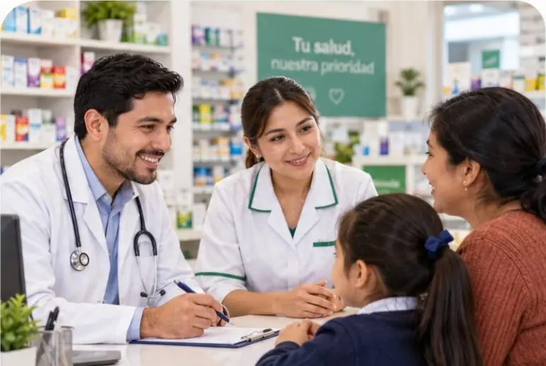 Profesionales de salud atendiendo a una familia en un entorno de farmacia